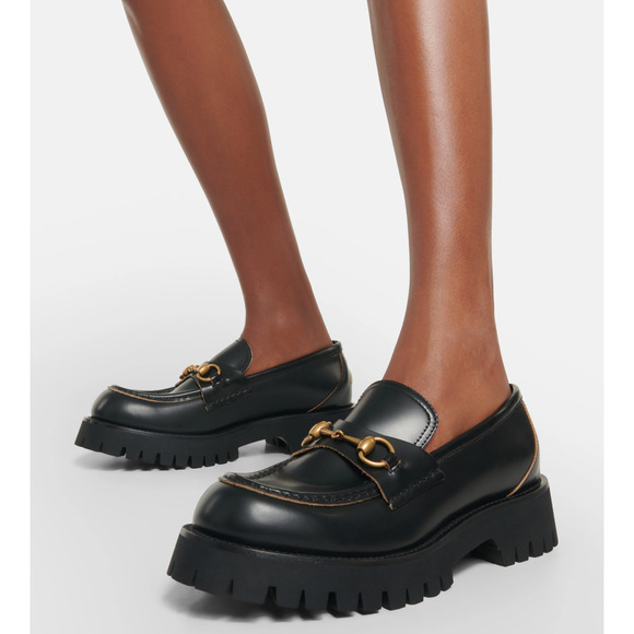 Gucci Cordovan Black Leather Horsebit Lug Sole Flat Platform Creeper Loafer 38.5 - Picture 6 of 16
